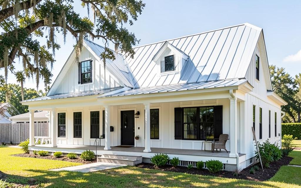 White farmhouse exterior with metal roof