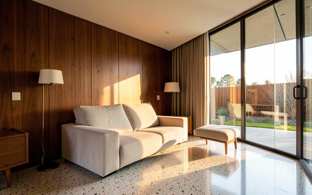 Mid-century living room with warm wood