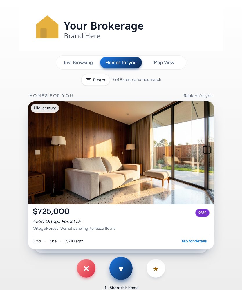 Ranked homes list beside a panel explaining why they match
